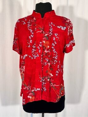Vintage 90s Clio Red Floral Mandarin Collar Blouse